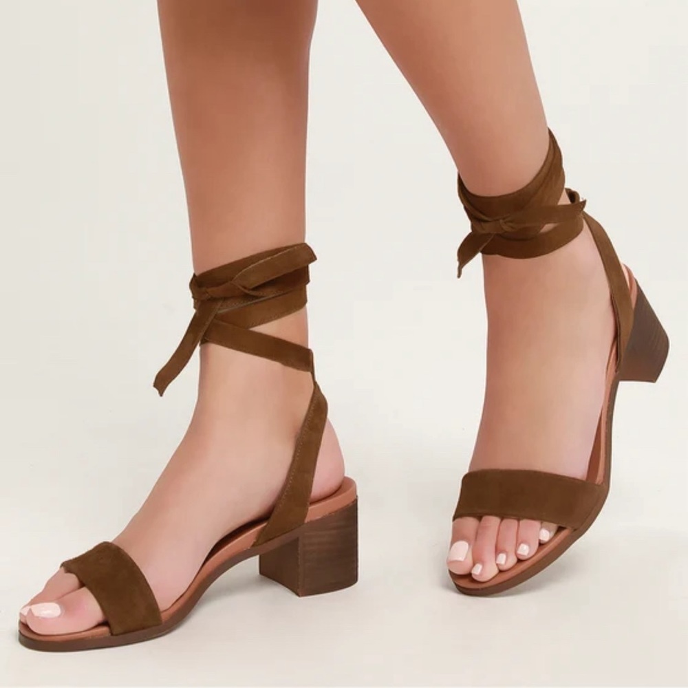 Steve Madden Adrianne Lace Up Brown Suede Heeled Sandals